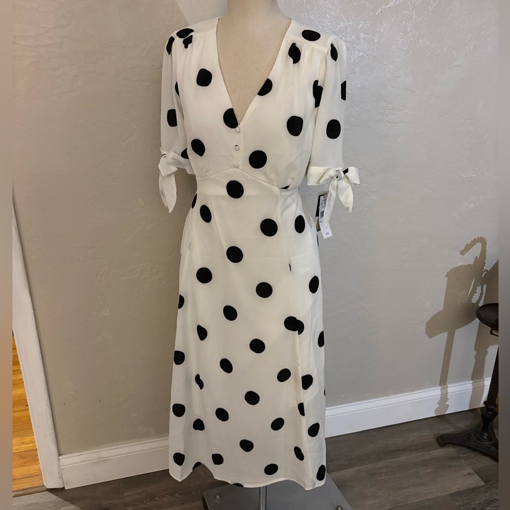 52seven White Polka Dot Midi Dress with Tie Sleeves Sz 16 NWT